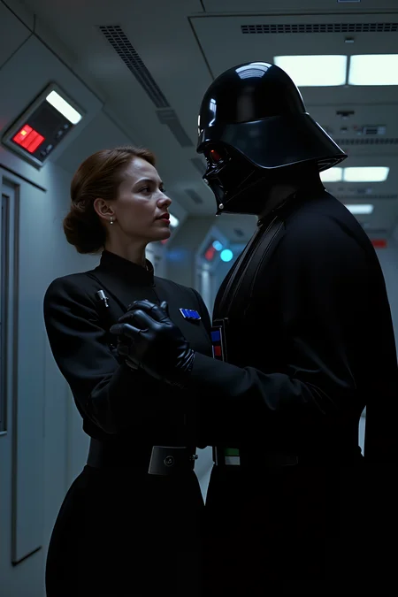 The officer in imperial officer IMPOFF uniform tilts her head slightly upward, her sharp military features softening as she gazes at Vaderâs masked face while they dance. His black gloves envelop her hands completely, the reflection of the dim corridor lights gleaming across his helmet. The walls around them, lined with cold metal panels and blinking monitors, fade into the background as they move in unison, their figures cast in dramatic contrast against the sterile environment.<lora:IMPOFF_FLUX>