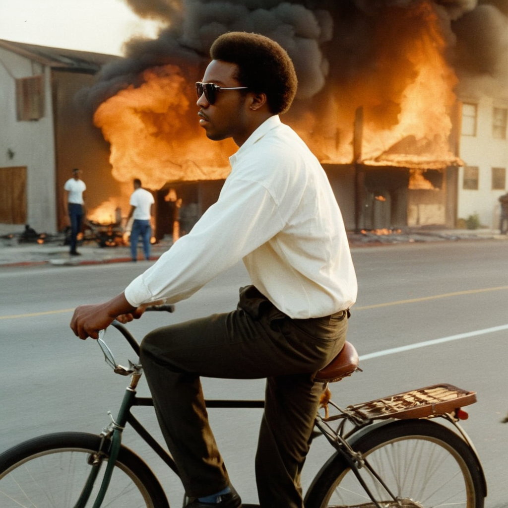 cinematic film still of  <lora:1990's style:1.2>
In the 1990's a black man riding a bike past a fire that is burning in buildings in background in la riots,solo,shirt,1boy,white shirt,male focus,outdoors,pants,dark skin,sunglasses,dark-skinned male,fire,ground vehicle,explosion,bicycle,burning,destruction , realistic,realism, detailed, perfection,perfect,filmic,retro,vintage,classic,different haircut,different look,different style,different people, 1990's style , 1990 style, shallow depth of field, vignette, highly detailed, high budget, bokeh, cinemascope, moody, epic, gorgeous, film grain, grainy