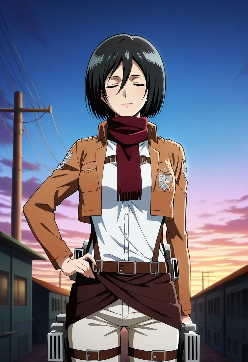 masterpiece, best quality, intricate details, anime screencap, anime coloring, , looking at viewer, , 1girl, solo, <lora:mikasa_ackerman_ilxl:0.94>, mikasa_ackerman, black hair, black eyes, hair between eyes, short hair, scarf, jacket, paradis military uniform, three-dimensional maneuver gear, wide angle, wide shot, cowboy shot, hospital, dusk, hand on hip, (closed eyes:1.2), smile,