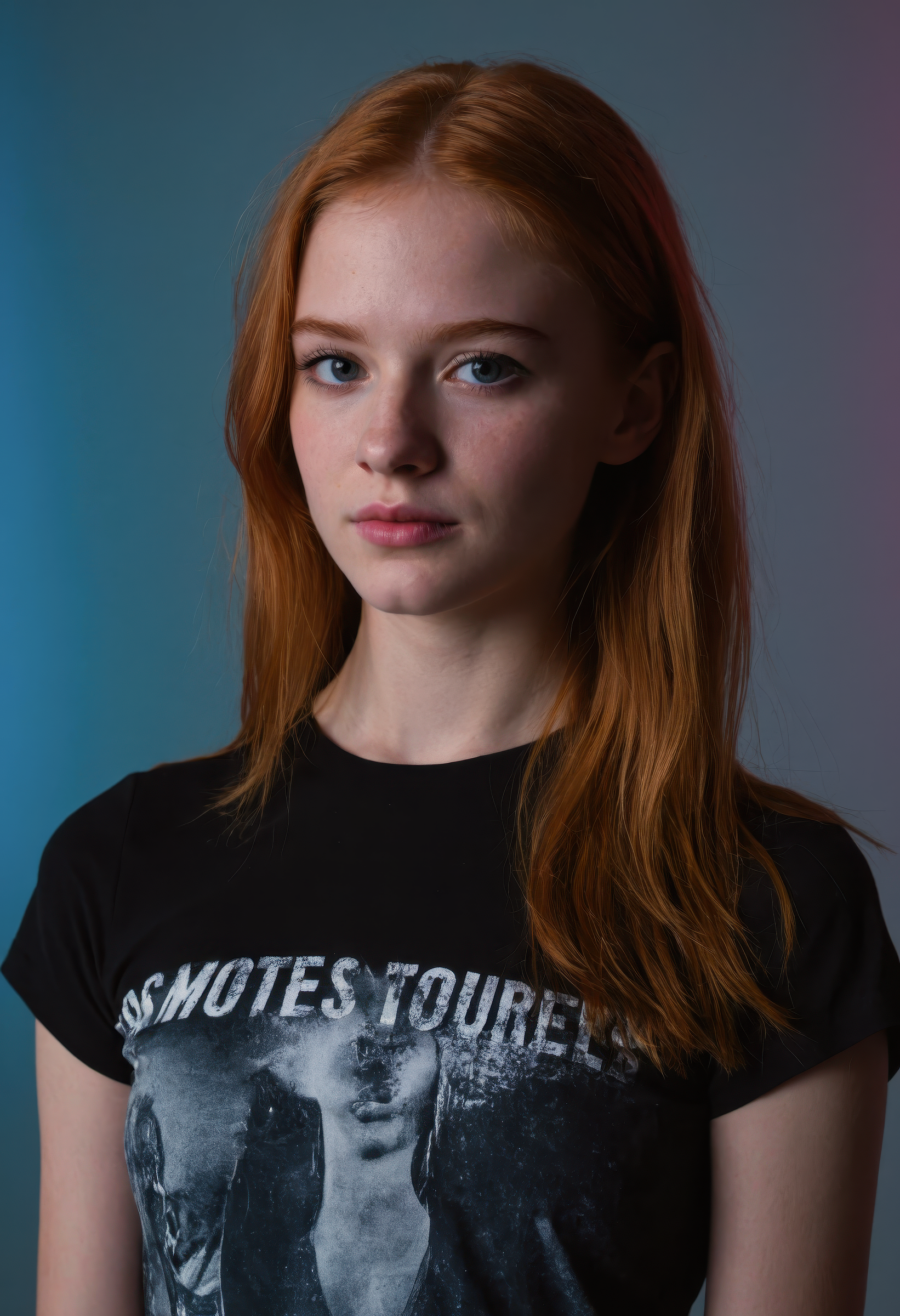 sdxl_jessidom, studio portrait, front view, wearing a black-metal tee, under soft blue and pink backlighting, ultra-sharp cinematic photo with glossy highlights and a provocative, high-fashion aesthetic