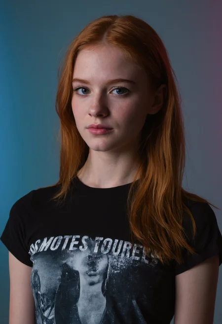 sdxl_jessidom, studio portrait, front view, wearing a black-metal tee, under soft blue and pink backlighting, ultra-sharp cinematic photo with glossy highlights and a provocative, high-fashion aesthetic