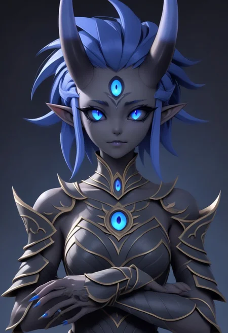 3DMM, te'kharoth, third eye, tail, horns, short hair, messy hair, black sclera, 1girl, blue eyes, armor, crossed arms, upper body, small breasts, ornate armor, fantasy, magical aura, east asian architecture, painted fingernails, sharp fingernails, long fingernails,