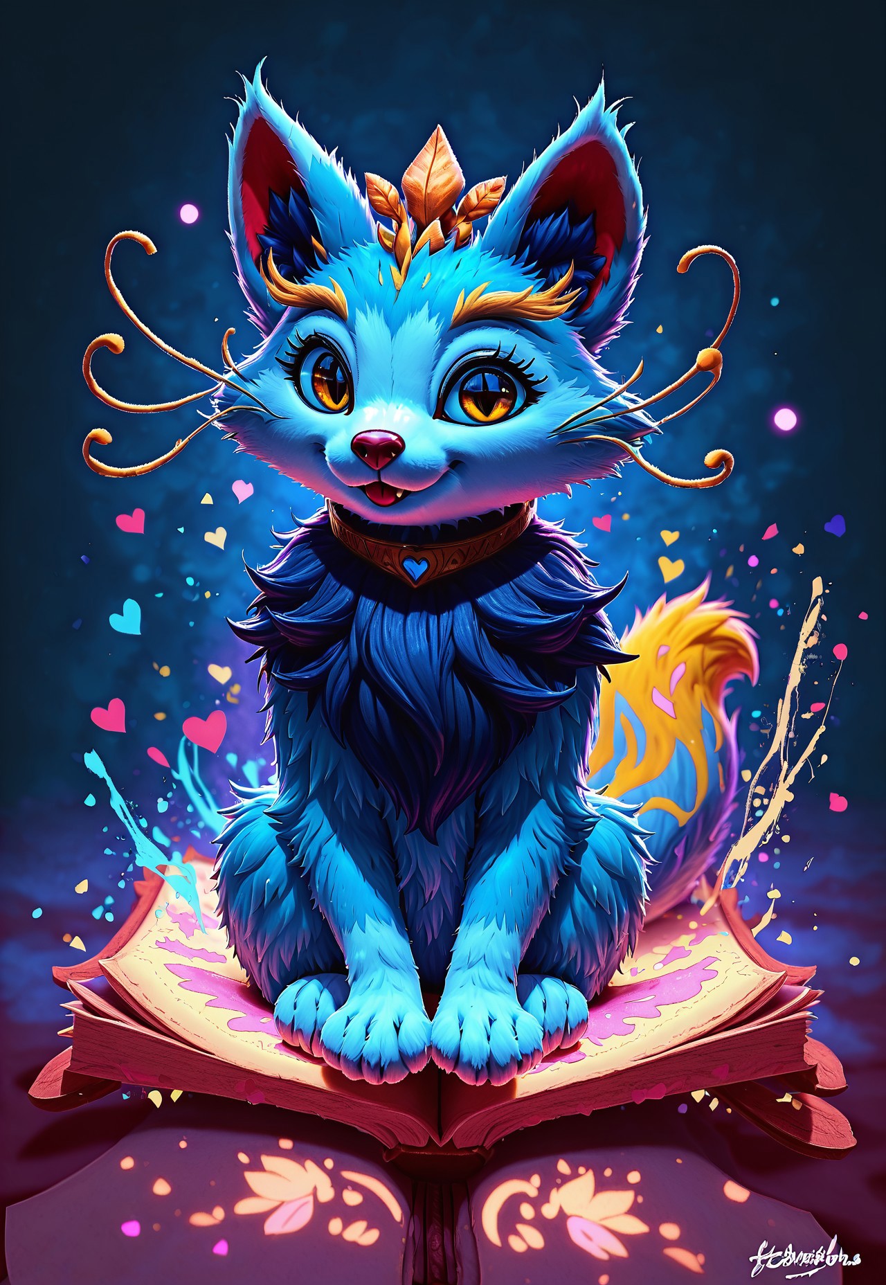 Score_9, Score_8_up, Score_7_up, Detailed draw, feral, animal, quadruped, wonderful, anthro, biped, no humans, (yuumi-default:1.5), blue fur, chest tuft, yellow whiskers, cute kitty pose (sitting on riding book:1.2), blonde eyebrows, headgear, necklace, yellow tail tip, cute,lick paw, cute lovely hearts detail, adorable, fur on legs, fur on paws, kiddy, nice,  cuddly, sitting, huge body, riding book, (floating object riding book:1.5), magic spells around book, floating object, kitty paws, (fluffy fur body:1.5), big cute eyes, looking at the viewer, happy eyes, long fur, two toned fur, yellow eyes, slit eyes, cute fangs, ng_deepnegative_v1_75t, (cute and pretty:luminescent paints, phosphorus paints, glows at night, paint splash), more detail fur and visual, warm color, vibrant colour, skydrome, disney style, 