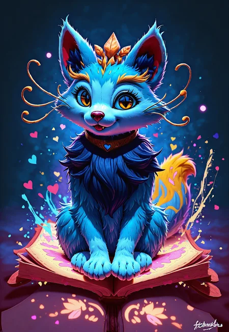 Score_9, Score_8_up, Score_7_up, Detailed draw, feral, animal, quadruped, wonderful, anthro, biped, no humans, (yuumi-default:1.5), blue fur, chest tuft, yellow whiskers, cute kitty pose (sitting on riding book:1.2), blonde eyebrows, headgear, necklace, yellow tail tip, cute,lick paw, cute lovely hearts detail, adorable, fur on legs, fur on paws, kiddy, nice, cuddly, sitting, huge body, riding book, (floating object riding book:1.5), magic spells around book, floating object, kitty paws, (fluffy fur body:1.5), big cute eyes, looking at the viewer, happy eyes, long fur, two toned fur, yellow eyes, slit eyes, cute fangs, ng_deepnegative_v1_75t, (cute and pretty:luminescent paints, phosphorus paints, glows at night, paint splash), more detail fur and visual, warm color, vibrant colour, skydrome, disney style,