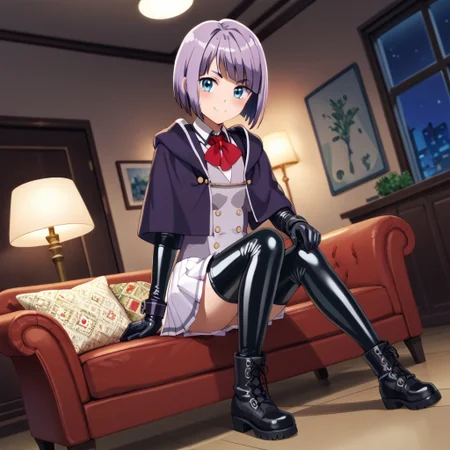 masterpiece, best quality, score_9, score_8_up, score_7_up, full body, 1 girl, looking at viewer, cowboy shot, dutch angle, indoors, sitting on couch, living room, night, blush, smile, mabelcrane, blue eyes, purple hair, short hair, latex school uniform, latex capelet, latex thighhighs, white latex thighhighs, pleated latex skirt, long latex sleeves, latex miniskirt, bangs, buttons, black latex gloves, black latex ankle boots, flat boots