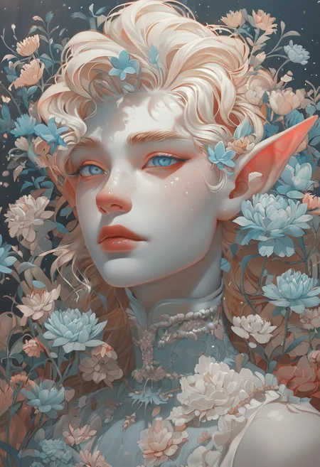 Score_9, score_8_up, score_7_up, (dim lighting, light particles, highres, closed_mouth:1.4, absurdres) 
Fl0ralD0lls 
1man, androgynous, beautiful face, pale skin, blonde hair, long hair, blue eyes, glowing eyes, shrouded in flowers, pointy ears, marigolds and tulips, ethereal glow, rich colors, eerie, fantasy, enchanting, spectral beauty, blossoming vines