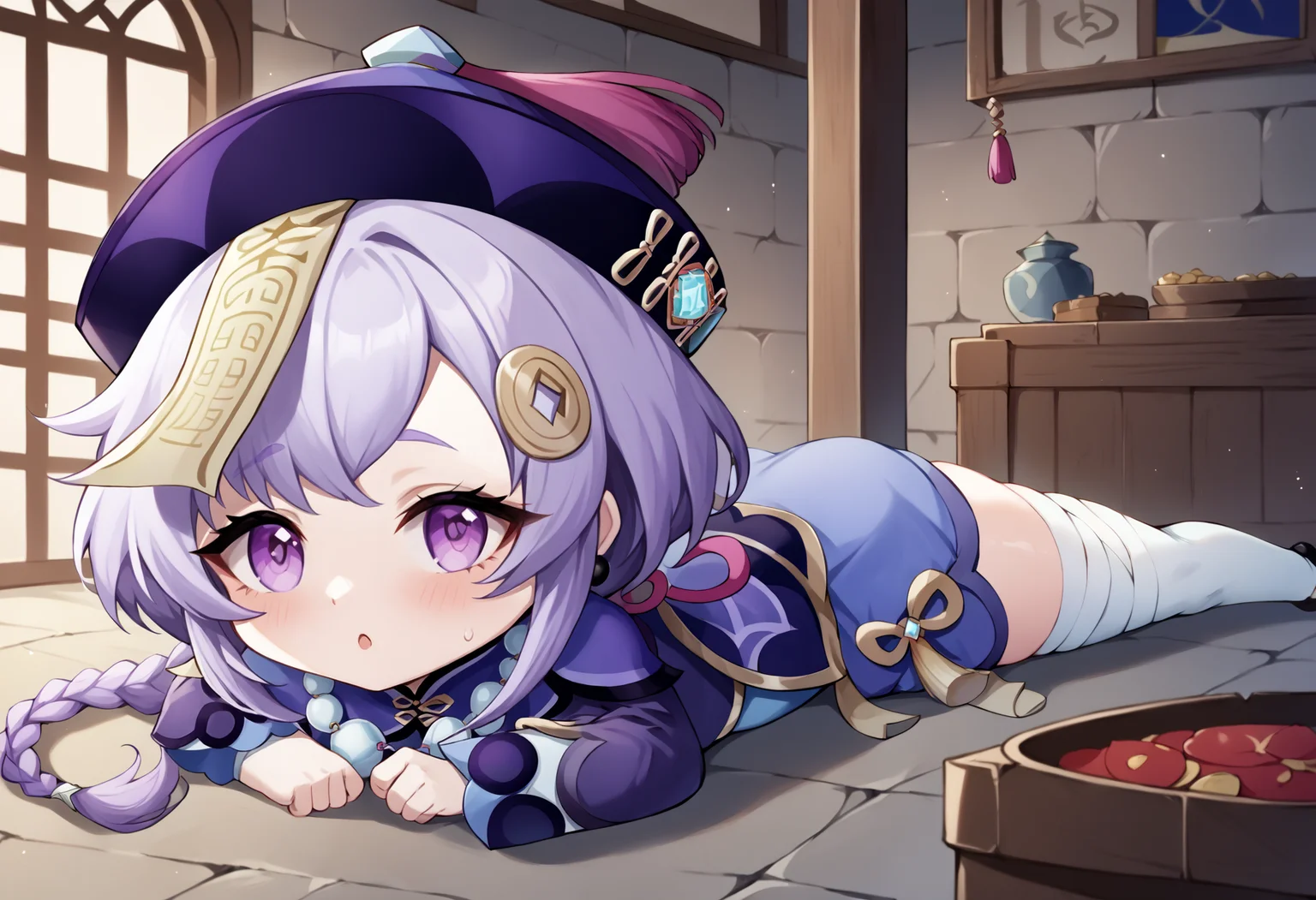 score_9, score_7_up, source_anime, uncensored, zPDXLxxx, <lora:intricate_details:1> intricate_details_xl, dungeon, thundering, Summer Festival, borderless panels, chibi inset, sideways
<lora:Qiqi_Genshin_Impact_v1.0-000008:1> qiqi (genshin impact), Qiqi, 1girl, solo, qingdai guanmao, hat, purple hair, thighhighs, hair ornament, braid, beads, coin hair ornament, jiangshi, jewelry, ofuda, white thighhighs, necklace, purple eyes, bead necklace, long hair, long sleeves, single braid, purple headwear, dress, bandages, shorts, bandaged leg, chinese clothes, standing, braided ponytail, :q, on stomach