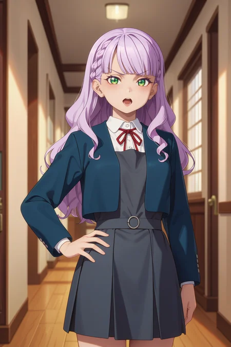 <lora:margarete_izo:0.8>
score_9, score_8_up, score_7_up, 1girl, solo,
margarete, long hair, light purple hair, green eyes, braid,
medium breasts, yuigaoka school uniform, winter uniform, long sleeves open blue jacket, sleeveless grey pinafore dress, red neck ribbon, white collared shirt, thighs,
seductive gaze, bedroom eyes, v-shaped eyebrows, serious, open mouth,
blush, looking at viewer, standing, contrapposto, hand on hip,
hallway, blurry background,