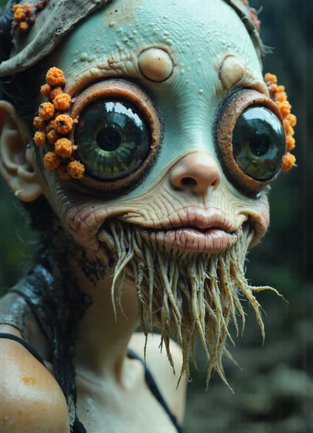 alien-themed A hyperrealistic (full body portrait:1.5) photograph captures an otherworldly being, its form a bizarre amalgamation of aquatic and insectoid features, rendered in exquisite detail, demanding immediate attention, and showcasing an uncanny presence, dominating the frame with its unsettling beauty, and eliciting a sense of both fascination and trepidation, all while maintaining a compelling visual narrative. The creatureâs skin is a mottled canvas of deep turquoise and earthy brown, punctuated by clusters of vibrant orange pustules, creating a texture that appears both slimy and strangely organic, showcasing a compelling interplay of color and form. Four enormous, bulbous eyes dominate the face, their irises a deep, glassy black, reflecting the surrounding environment with unsettling clarity, and drawing the viewer into their unsettling gaze, while hinting at an intelligence both alien and profound.
Delicate, almost translucent tentacles cascade from the lower face, forming a bizarre and unsettling beard, their surfaces glistening with moisture, and appearing to writhe with a life of their own, contributing to the creature's overall impression of otherworldly elegance and grotesque charm. A small, puckered mouth sits below the eyes, hinting at a potential for both speech and malice, while the surrounding skin folds and creases emphasize the creature's age and experience, suggesting a long and complex history. The lighting is soft and diffused, highlighting the creature's textures and contours, while casting subtle shadows that add depth and dimension to the image, contributing to the overall sense of realism. Tiny droplets of water cling to the creatureâs skin, enhancing the impression of dampness and adding a sense of vulnerability, further emphasizing its alien nature.
The background is blurred, suggesting a dimly lit, cavernous environment, possibly an underwater grotto or an alien temple, lending an air of mystery and intrigue to the scene, and allowing the creature to remain the primary focus of the photograph. The overall composition is carefully balanced, with the creature positioned slightly off-center, creating a sense of dynamism and visual interest, while drawing the viewer's eye towards its captivating features. The photograph evokes a sense of wonder and unease, blending the familiar with the utterly bizarre, and prompting reflection on the vastness and strangeness of the universe, showcasing the extraordinary possibilities of life beyond our own planet. The depth of field is shallow, blurring the background and isolating the creature, creating a sense of intimacy and vulnerability, while enhancing the impact of its unsettling gaze. . extraterrestrial, cosmic, otherworldly, mysterious, sci-fi, highly detailed