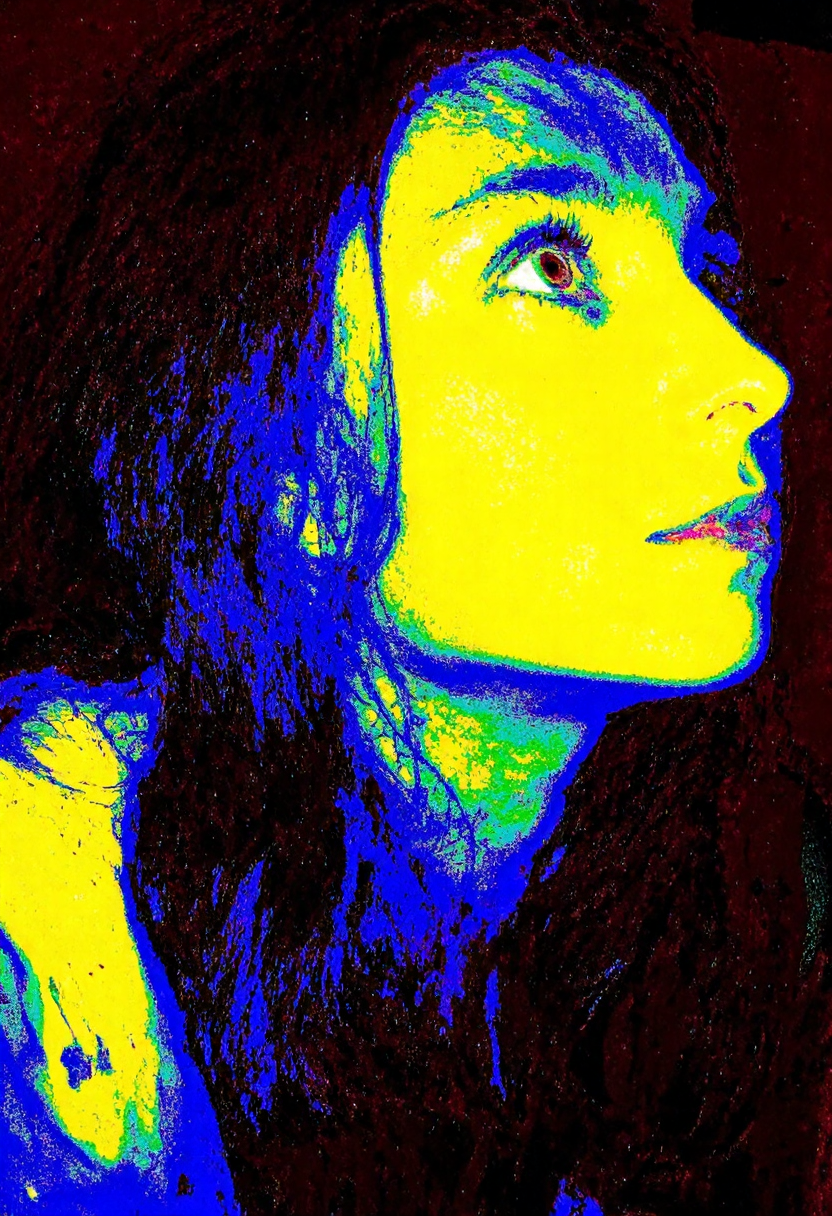 Circuit-bent/glitch art photograph showing upward-facing profile view of woman in an indeterminate setting, high-contrast lighting, visible shoulder-length hair, upward gaze, neutral expression, dark indefinite background, color inversion effect, dominant yellow and blue palette, swirling pattern distortions, moderate digital corruption, 
