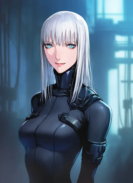 artist:, masterpiece, best quality, newest, very awa, absurdres, highres, tmnh, 1girl, cibo, blue eyes, white hair, smile, looking at viewer, factory, detailed, <lora:Tsutomu_Nihei_Blame_Style_Illustrious:1.0>