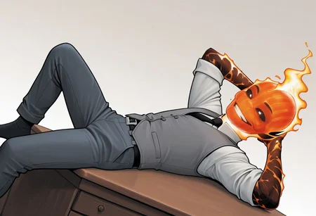 masterpiece, absurdres, high quality, perfect anatomy, 1boy, solo, cute boy, male focus, doyle, Orange Fire, Black Scelera, colored scelera, white shirt, grey vest, belt, sleeves rolled up, smug smile, sitting in desk, hands behind head, leaning back, feet on desk, cinematic, intricately detailed illustration, depth of field, masterpiece, best quality, amazing quality, very aesthetic, absurdres, newest, very awa,  shadow, dynamic angle, casual cosplay, dynamic pose, simple background,