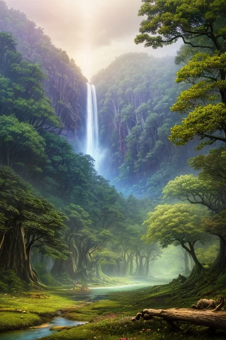 Surreal oil painting,
fantasy forest,giant trees,
an expansive ancient forest, featuring towering oaks, diverse wildlife, a variety of flora, and a feeling of grandeur,forest lake,waterfalls,
glowwave,
dawn,
thunderstorm, and many small clouds, and slightly cloudy,,,