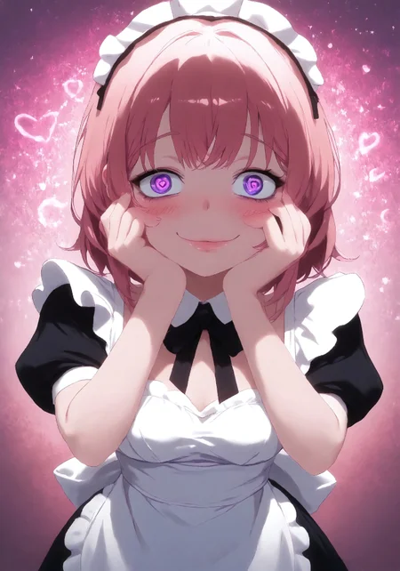 Stable_Yogis_PDXL_Positives, masterpiece, high_quality, highres, flat_colors, gradient, pink hair, maid outfit, long_lashes, blush, looking_at_viewer, dynamic_angle, cinematic, side_view, hearts, ethereal_aura, uwu, big_eyes, crazy eyes, yandere, yandere trance, Kamuoo