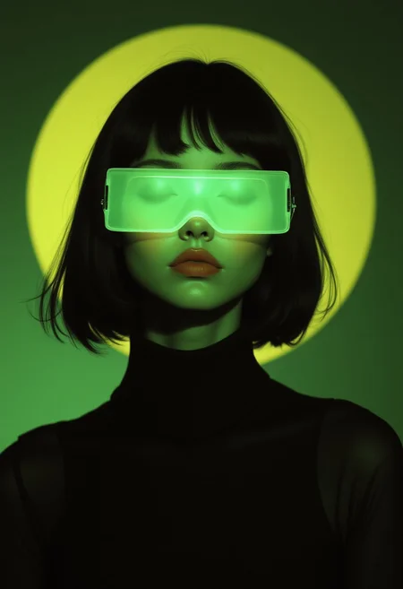 A hyper-detailed, avant-garde photograph of a woman exuding a futuristic and cyberpunk aesthetic, her short, straight black bob haircut with blunt bangs framing her pale skin, which has a subtle greenish hue. She wears a sleek black turtleneck sweater, and a glowing lime green rectangular visor covers her eyes, emitting a vibrant light that casts an intense green glow on her face. This striking contrast enhances the dark gradient background of deep lime green and yellow, evoking a dystopian, sci-fi atmosphere. Her neutral, detached expression complements the futuristic theme, with deep red lips adding an element of boldness. The minimalist composition draws focus to her face and the visor, emphasizing the interplay of light and shadow in a polished, professional style. The image captures her slightly turned pose with her head tilted downward, her closed eyes hidden behind the glowing visor, heightening the sense of mystery and intrigue. The soft, diffused lighting, combined with a cool color temperature, enhances the refined details of her visage, while the close-up framing centers her head and shoulders, making the visor and her robotic aura the focal points. The artwork blends modern digital techniques with cyberpunk influences, creating a captivating and enigmatic visual narrative. (vintagegirls, OBxiaoxiang, Nova-70s, Nova-80s, portrait)