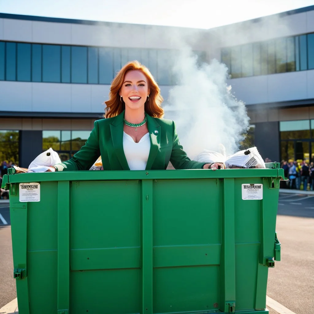 Fantastically detailed photography of a dumpster fire in the parking lot, M11r11n,
a 40yo ginger woman, standing next to it, in front of a large group of people with political signs, giving a passionate speech, left hand raised,
emerald choker, emerald business suit with intricate silver stitching, green eyes, perfect eyes, freckles, medium breasts, excited,
office building in the background,
wide shot, with a slight telephoto lens compression to emphasize the depth of the scene, ambient lighting, masterpiece, highly detailed,