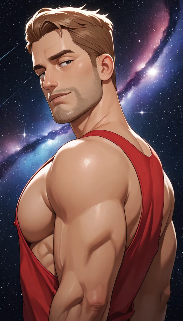 masterpiece,best quality,absurdres,newest,perfect quality,best quality,absolutely eye-catching,detailed background,from behind,looking back,from side,galaxy background,head tilt,portrait,seductive look,<lora:Star Trek Lower Decks - Jack Ransom - Illustrious:0.7>,jackrans0m,1boy,mature male,muscular,black eyes,stubble,red revealing tank top,stringer,side pectoral,