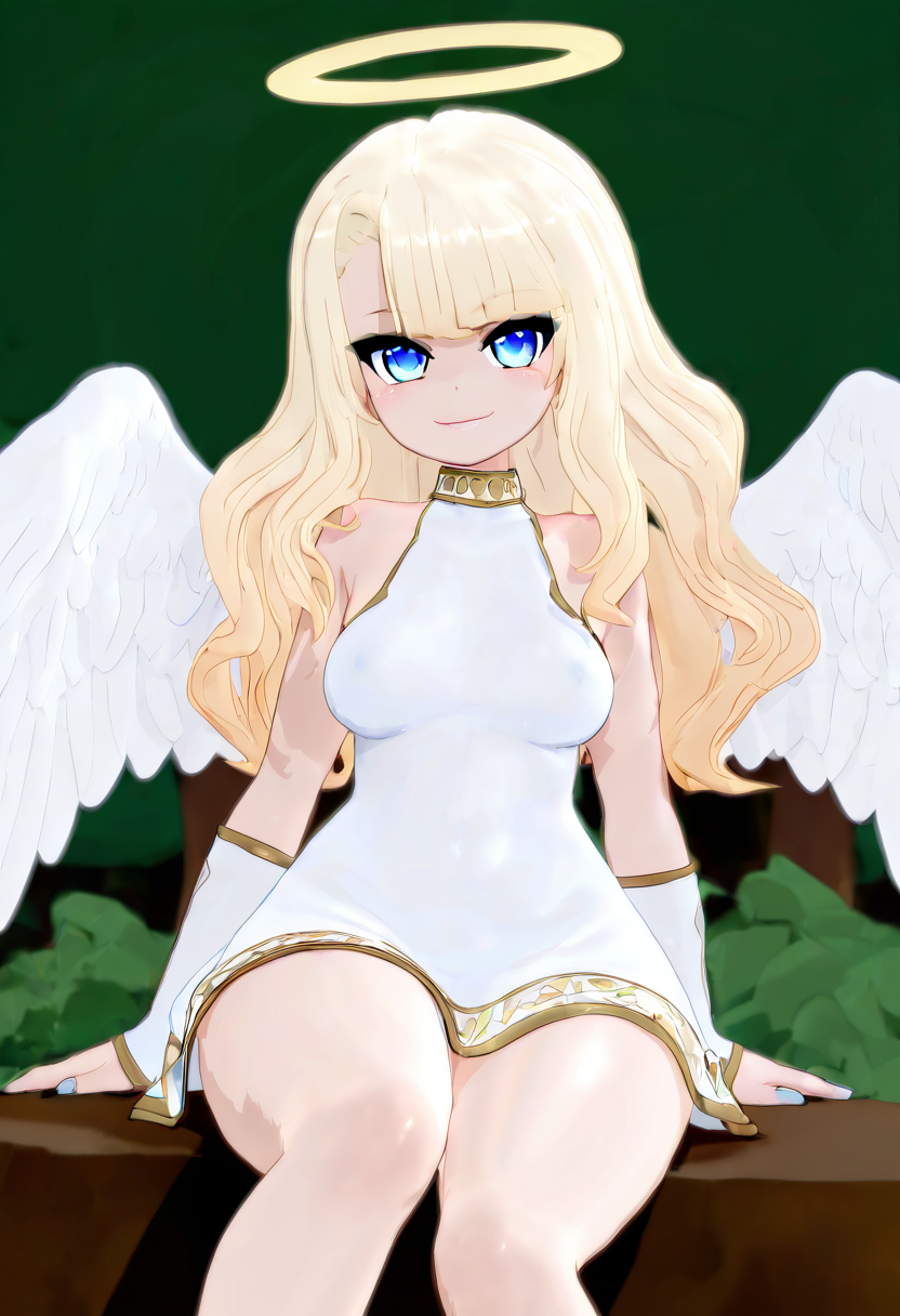 masterpiece, best quality, medium breasts, (curvy),   BREAK,  1girl, solo, blonde hair, wavy hair, angel, angel wings, halo, smile, sitting, forest, white dress,smile, looking at viewer, cowboy shot,   <lora:MantisNAI:0.8>,