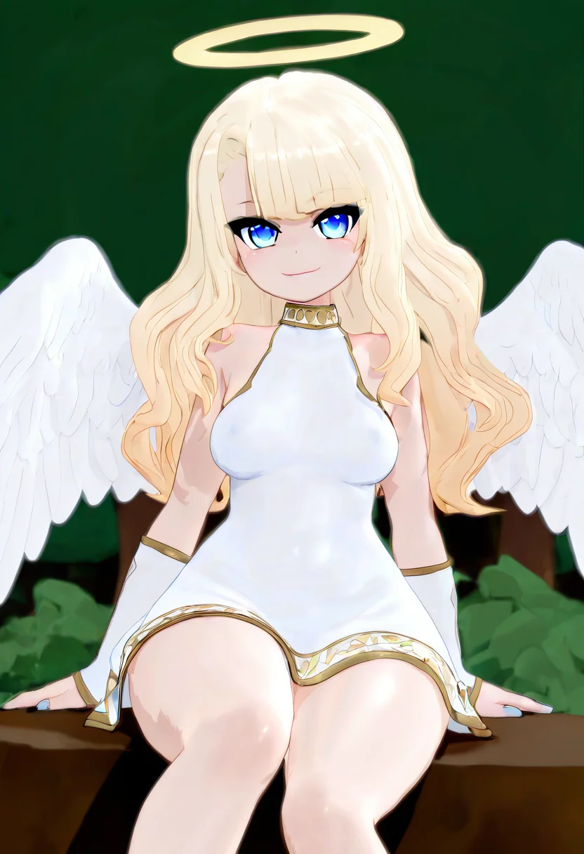 masterpiece, best quality, medium breasts, (curvy), BREAK, 1girl, solo, blonde hair, wavy hair, angel, angel wings, halo, smile, sitting, forest, white dress,smile, looking at viewer, cowboy shot, <lora:MantisNAI:0.8>,