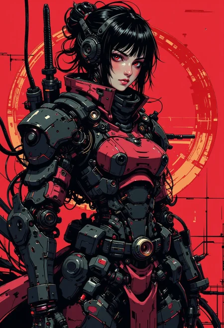 in the style of cknc, close-up shot of a dressed in futuristic hard surfaced dark sci-fi, slightly oval cross section look, battle scratched armor, a kimono, mysterious white skin mexican wabi-sabi mercenary battle droid humanoid woman with a lot of mechanical parts looking at the viewer, wielding a combat knife, 1800'S, - Bosmer hybrid, Scribe, equirectangular 360, Flirty expression, Romantic, whimsical, Fast Shutter Speed, Lomography Color 100, red and black palette,
highly detailed Mayhem style , background bizarre techno ghetto transmission, style minimalist, conceptual art posing Japanese, conceptual, illustration, cinematic, photo epic action, cinematic, award winning artwork, many details, patterned illumination, bad VHS tape image artifacts,
anime style, key visual, vibrant, studio anime, nistyle
<lora:ck-nc-pastel-cyberpunk:0.80> <lora:ck-Ivan-Beslic-Art-Style-000019:0.2>  <lora:ck-MetalGearSolid-000019:0.40>  <lora:m100-style_v.02:0.3>  <lora:test2:0.65>