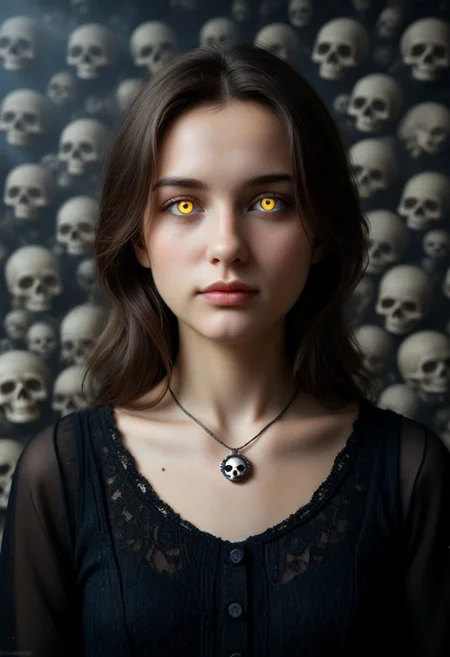 1girl, black dress, cowboy shot, dynamic view, no pattern dress, Hd, high quality, ultra realistic, detailed, slimes_skullwm, made of skulls, spooky skull background, light smile, PG, no teeth, portrait, looking afar, stoic, brunette, beautiful, necklace, faint glowing pupils, dim light, silver hair