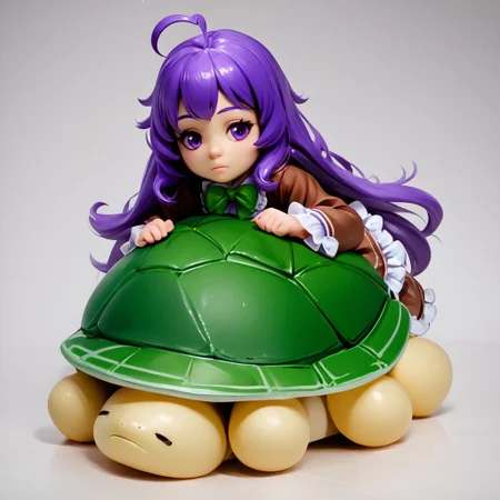 (score_9, score_8_up:1.1), score_7_up, (((realistic, photorealistic))), BanubeeFriends(Tetsu), 1girl, solo, full body, figure, three-quarter angle, dramatic angle, medium breast, vivid lighting white trim, white background, flat ground, full body, Ziru, 1girl, ahoge, very long hair, purple eyes, purple hair, closed mouth, expressionless, green_bowtie, long sleeves, brown dress, frilled dress, green shell, >_<, riding, stuffed_animal, turtle, on stomach,