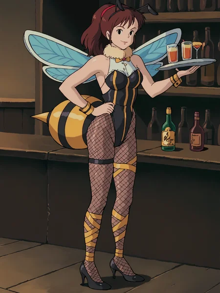Ursula, zPDXL, best quality, amazing quality, score 9, 1girl, looking at viewer, full body, retro artstyle, <lora:Ursula:0.9> submissive, aroused, embarrased , seductive, thighs, close up <lora:Degen_Honeybee_alpha:.8> honeybee, antennae, || blue wings, highleg leotard, fishnets, pantyhose, high heels, || fur collar, working as a waitress in a bar, dance club, holding menus, hand on hip, crowd in background