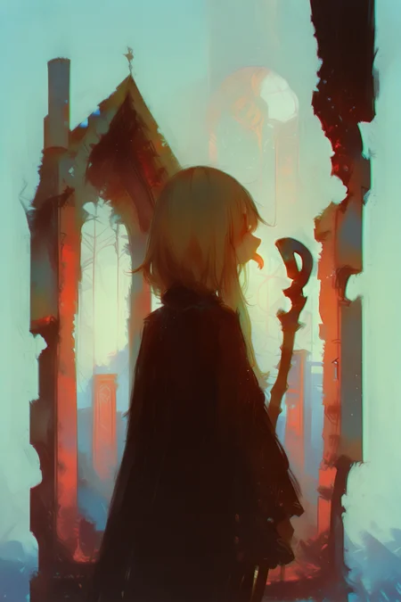 masterpiece, best quality, very aesthetic, dynamic composition, sketch, traditional media, abstract, abstract background, painting \(medium\), no lineart, slime_(dragon_quest),tongue out,Standing, 1girl, megumin, brown_hair, holding_staff, ruins, solo, chromatic aberration, building, outdoors, standing, post-apocalypse, facing away, pantyhose, city,