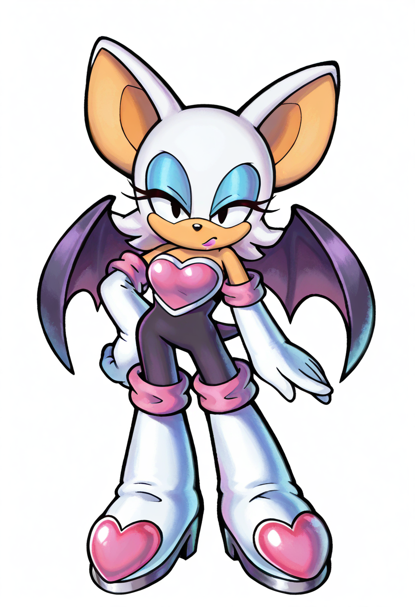 <lora:MarioLuigiStyle-IllusXL:1.1> masterpiece, absurdres, highres, 4k, watercolor, official art, 1girl, rouge the bat, sonic \(series\), black eyes, furry, furry female, bat wings, makeup, blue eyeshadow, solo, black bodysuit, elbow gloves, white gloves, white footwear, standing, looking at viewer, full body, transparent background, white background