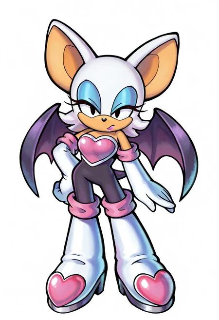 <lora:MarioLuigiStyle-IllusXL:1.1> masterpiece, absurdres, highres, 4k, watercolor, official art, 1girl, rouge the bat, sonic \(series\), black eyes, furry, furry female, bat wings, makeup, blue eyeshadow, solo, black bodysuit, elbow gloves, white gloves, white footwear, standing, looking at viewer, full body, transparent background, white background