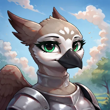 masterpiece, score_9, score_8_up, score_7, source_furry, (best quality:1.1), ultra-detailed, high resolution, 1character, beak, wings, feathery ears, female, princess sköldsvärd, jewelry, (((beautiful detailed gren eyes))), Long eyelashes, Looking At Viewer, outdoors, detailed fotest background, Highly Visible, (((8k))), from Equestria at War, knight armor, detailed outfit, portret, extremely detailed, avian, anthro, solo, cute face, sensual, looking at viewer, perfect lighting, watercolor, expressiveh, detailed background, zPDXL2