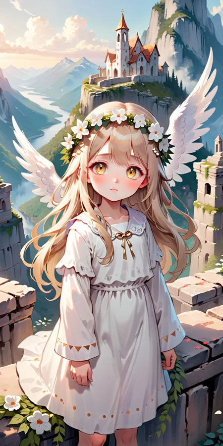 long Fluffy beige hair ,
big sleepy eyes
flower garland
Wearing A large simple  white fabric angel girl is stand on top of mountain ruins