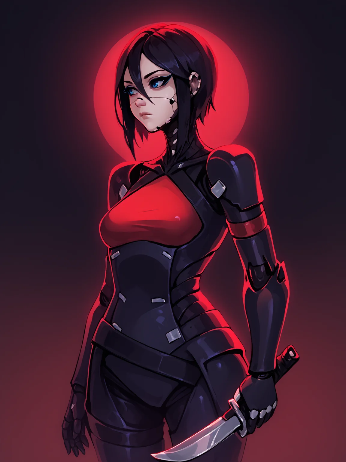 score_9, score_8_up, score_7_up, score_6_up, score_5_up, score_4_up, rating_safe
BREAK
elster, cyborg, black hair, blue eyes, expressionless, looking away, hair between eyes,
BREAK
solo, cowboy shot, skinny, black bodysuit, red accents, medium breasts, holding knife,
BREAK
black background, <lora:Lunas-Elster-Signalis-SDXL-A1:1> <lora:Lunas-GreenuCorm-SDXL-A1:1>