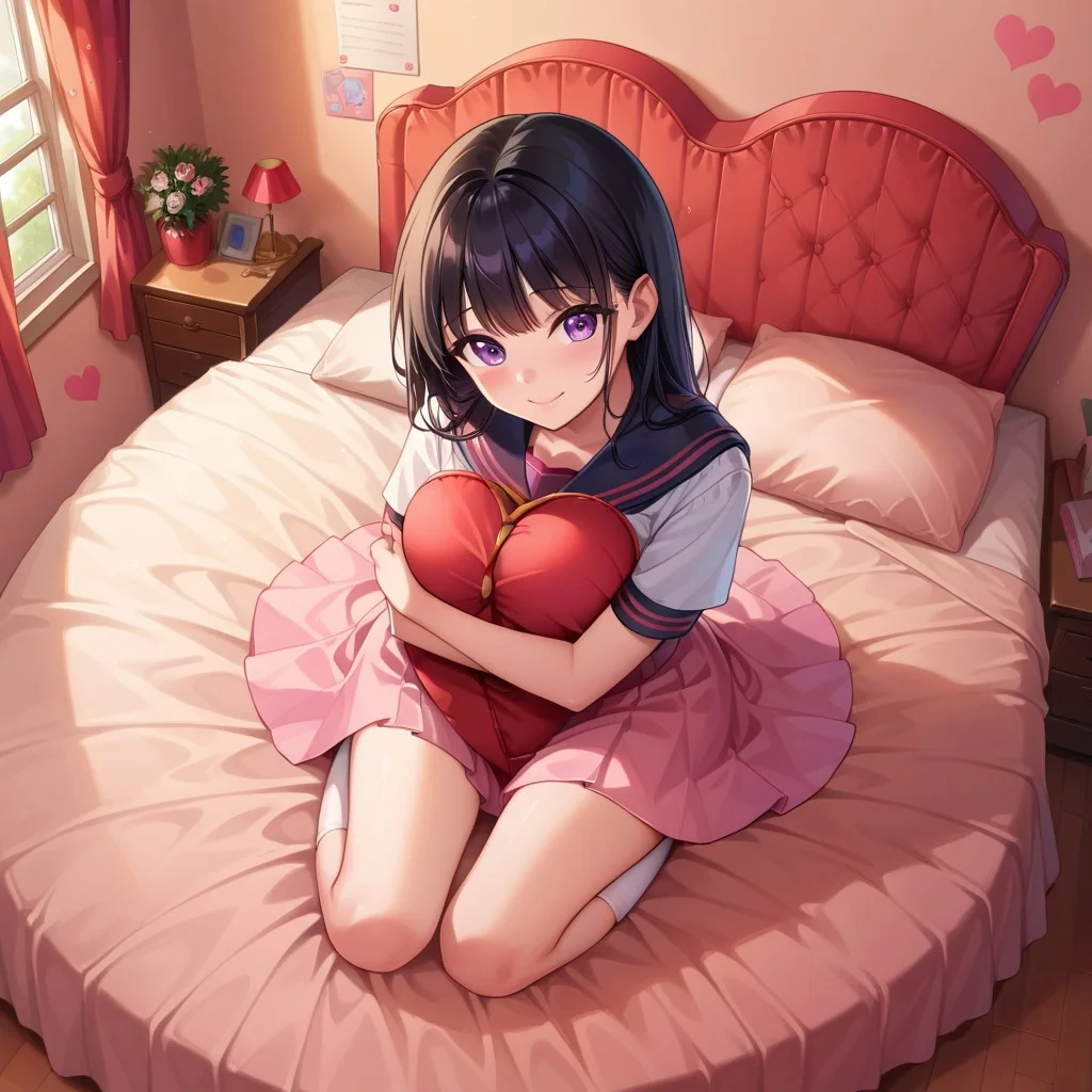 score_9, score_8_up, score_7_up, score_6_up, heartbed, from above, portrait,
1girl, solo, black hair, medium breasts, purple eyes, serafuku, frilly dress, hugging knees, smile,
detailed background, apartment interior, sunset