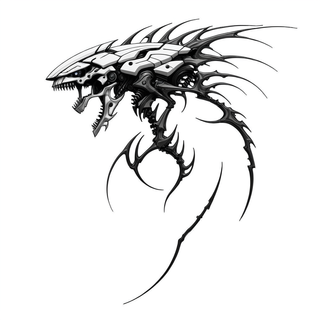 <lora:Cyber_Sigilism:1> masterpiece, best quality, cyborg, cyperpunk machine, biomachine, bio, science fiction, mecha, futuristic spaceship, cybersigilism, bones, sketch, greyscale, monochrome, highlights, white background, simple background, solo, blood, fangs, claws