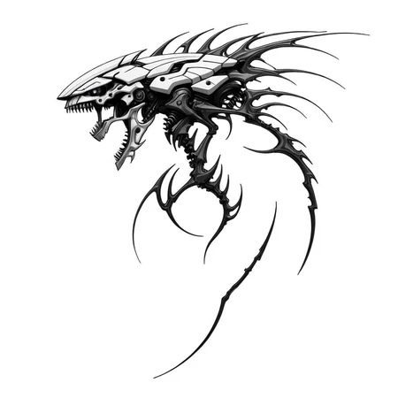 <lora:Cyber_Sigilism:1> masterpiece, best quality, cyborg, cyperpunk machine, biomachine, bio, science fiction, mecha, futuristic spaceship, cybersigilism, bones, sketch, greyscale, monochrome, highlights, white background, simple background, solo, blood, fangs, claws