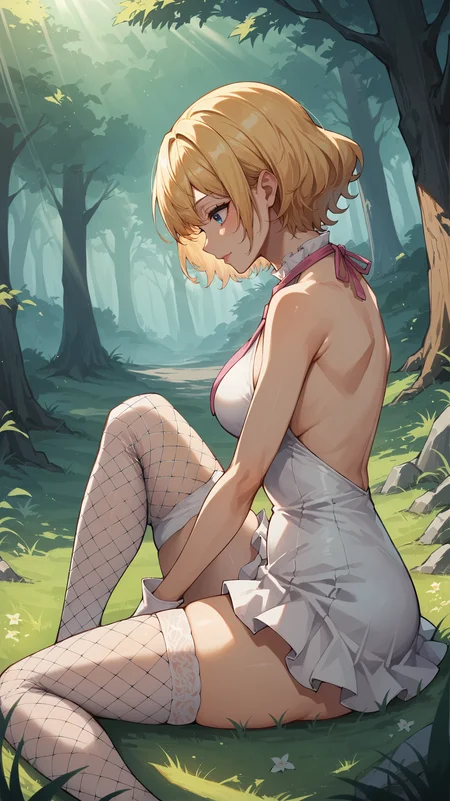 score_9,score_8_up,score_7_up,score_6_up, source_anime, zPDXL, <lora:xl_more_art-full_v1:0.5>, woman, short hair, blonde hair, blue eyes, white dress, short dress, halterneck, pink tie, fishnet thighhighs, white thighhighs, white gloves, <lora:Stussy - Pony:0.6>, dynamic pose, forest, tall grass, light rays, grass path, sitting, from side,
