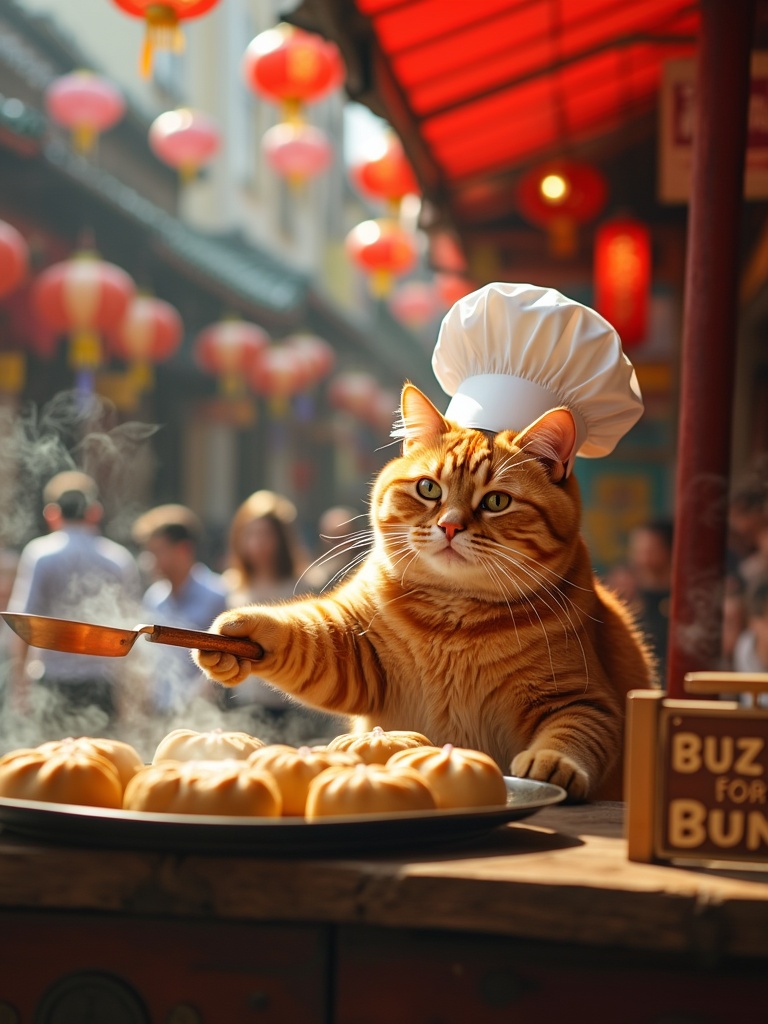 Vibrant photograph: Chubby orange tabby cat in chef's hat, standing upright at a bustling Chinese street food stall. Cat expertly transfers steaming buns with a spatula. Stall adorned with colorful lanterns, wafting steam, and a wooden sign reading 'Buzz for Buns'. Sharp focus on cat's expression, with blurred background of curious onlookers. High-contrast lighting emphasizes textures of fur, buns, and wooden stall. Rich, saturated colors capture the lively atmosphere of Chinese street food culture. Ultra-high resolution, photorealistic style.