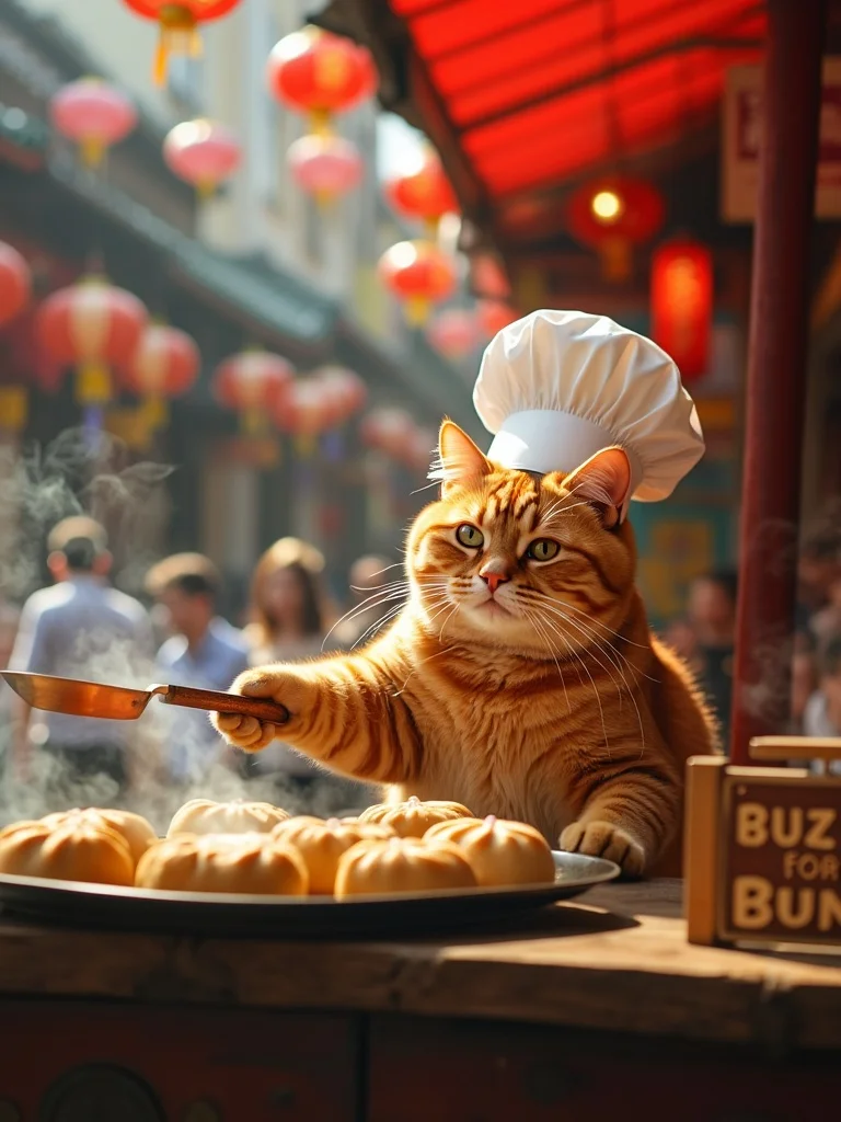 Vibrant photograph: Chubby orange tabby cat in chef's hat, standing upright at a bustling Chinese street food stall. Cat expertly transfers steaming buns with a spatula. Stall adorned with colorful lanterns, wafting steam, and a wooden sign reading 'Buzz for Buns'. Sharp focus on cat's expression, with blurred background of curious onlookers. High-contrast lighting emphasizes textures of fur, buns, and wooden stall. Rich, saturated colors capture the lively atmosphere of Chinese street food culture. Ultra-high resolution, photorealistic style.