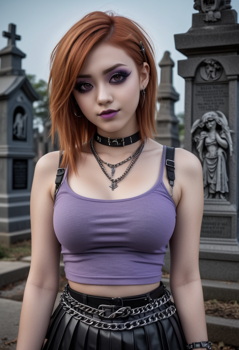 (medium full shot) of (edgy emo girl) young woman, busty build, long ginger layered cut hair, korean, tan skin, hazel eyes, wearing a grey mesh top, pleated skirt with chains, high-top sneakers, purple lipgloss, smoky eyeshadow, heavy eyeliner, studded bracelet chain belt, set in  a haunted cemetery, with eerie statues, moonlit graves, whispering winds, and creepy shadows, woman smiling, detailed face, ,Masterpiece,best quality, raw photo, realistic, very aesthetic