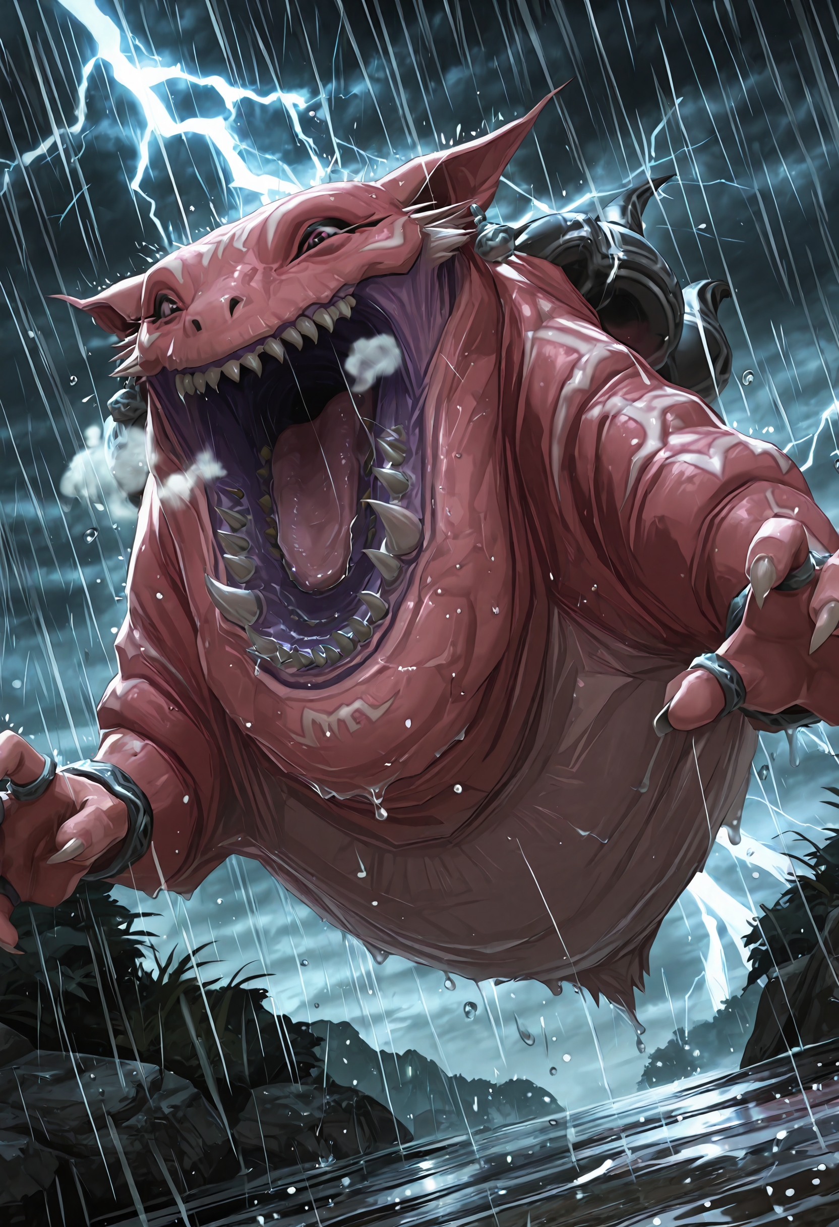 masterpiece,full_body,sky,1other,
BREAK typhon_(ff),horns,no humans,sharp teeth,open mouth,teeth,claws,jewelry,tongue,<lora:typhon_(ff)-IL:1>,storm,heavy breathing,heavy rain,water drop,lightning,
