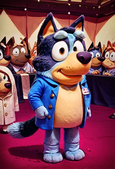 Bluey, score_9, score_8_up score_7_up, male, dressed as a professor giving a Ted talk, audience in background, Bluey style, detailed fur