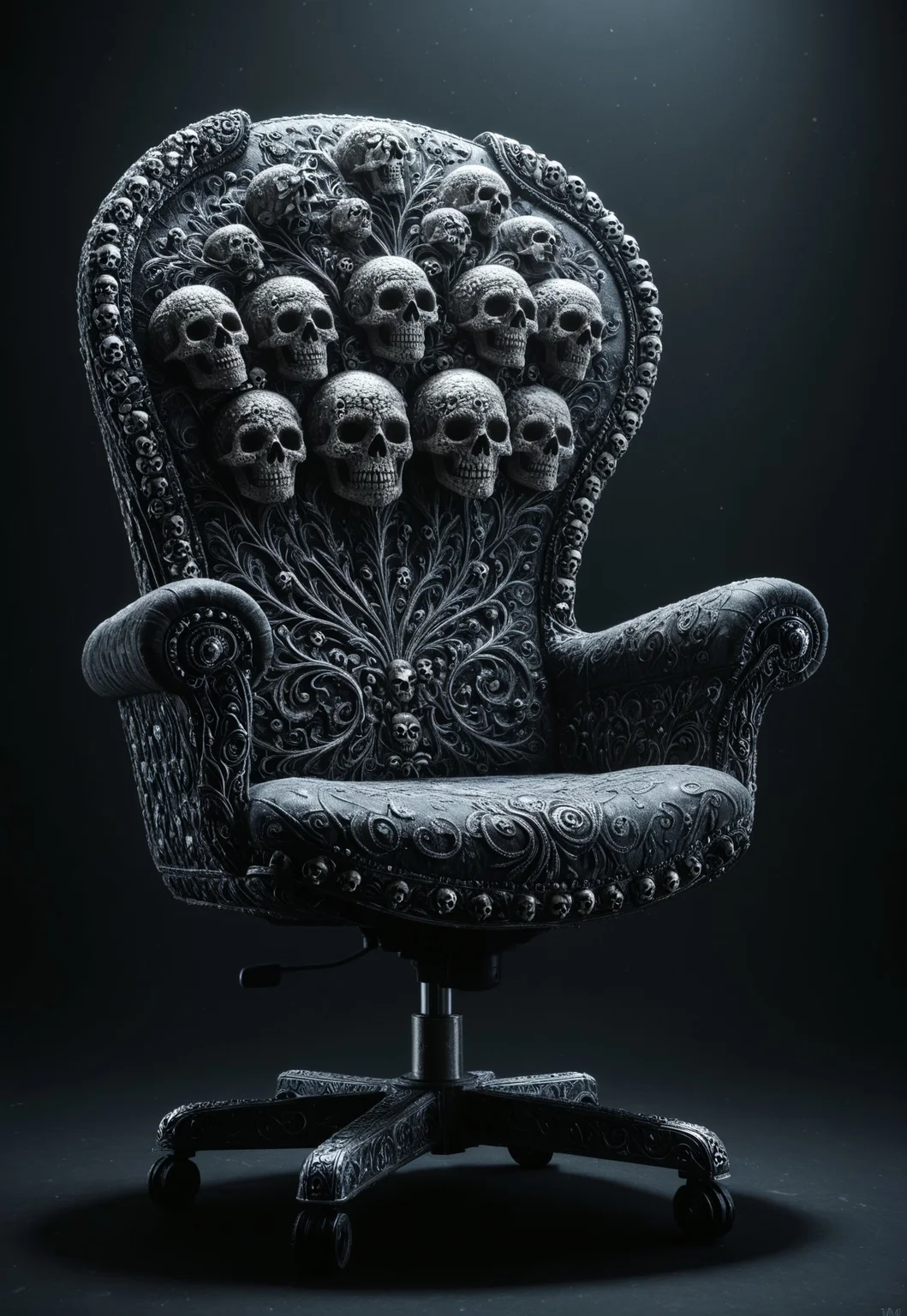 very detailed awesome gaming chair made of skulls, fantasy art style, violet and silver theme, no humans, no character, no skeleton, intricate details, ultra sharp, exquisite detail, flawless composition, vivid colors, masterpiece, exciting dark background slimes_skullwm,