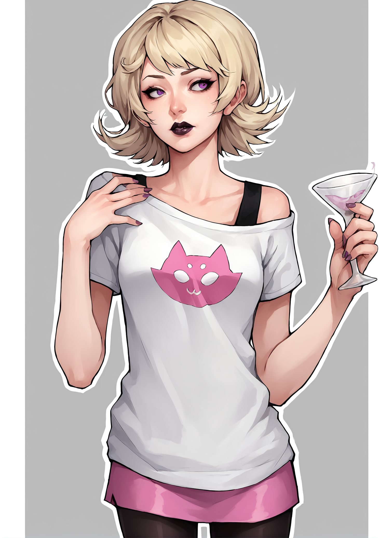 score_9, score_8_up, score_7_up, score_6_up, score_5_up, score_4_up, 2d, anime, anime artstyle, simple shadows, flat coloring, flat shadows, thick lines, white outline, <lora:Roxy_Lalonde_-_Homestuck__Variant_canon_outfits__SDXL_Pony:1> roxlal, roxstart, 1girl, solo, short hair, skirt, blonde hair, bare shoulders, purple eyes, pantyhose, cup, lips, makeup, lipstick, t-shirt BREAK source_anime