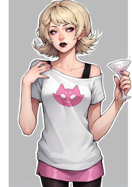 score_9, score_8_up, score_7_up, score_6_up, score_5_up, score_4_up, 2d, anime, anime artstyle, simple shadows, flat coloring, flat shadows, thick lines, white outline, <lora:Roxy_Lalonde_-_Homestuck__Variant_canon_outfits__SDXL_Pony:1> roxlal, roxstart, 1girl, solo, short hair, skirt, blonde hair, bare shoulders, purple eyes, pantyhose, cup, lips, makeup, lipstick, t-shirt BREAK source_anime