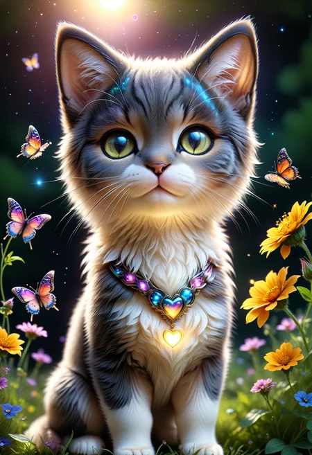 (((videogame_style))), (sharp focus:1.2), lineart, flat color, monochrome, greyscale, depth of field, bokeh, 8k, OLED, 1 baby cat, being playful, wearing ribbon choker in different colours, different fur, super cute,, The cat raises its paws towards the viewer, on a flower meadow at sunrise, a gloomy butterflies surround them,lluminated by the ethereal glow of studio lightning, the light is reflecting shadows on the cute animals, for the viewer, they appears alive, as if a glimpse of itheir inner sparkle is possible, sunrise, peacful and grateful atmosphere, painted hearts, magical atmosphere, close up, (((cuteness overload))), <lora:detailed_notrigger:0.9>, zhibi <lora:zhibi:0.8>, <lora:tweak-detail-xl:0.7> <lora:Jed-Cosmos-sdxl:0.7> Jed-Cosmos