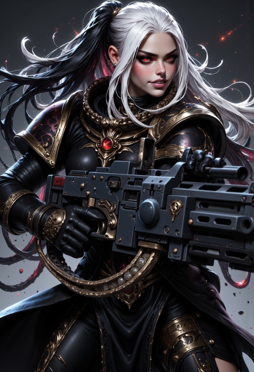 Fangs, black hair, multicolored hair, white hair, long hair, warhammer space marine, wielding a heavy boltgun, in power armor, red eyes, (full body), ultra realistic, delicate and smooth skin, blush, perfect body, thighs, highly detailed, glossy lips, Goth girl, mythp0rt