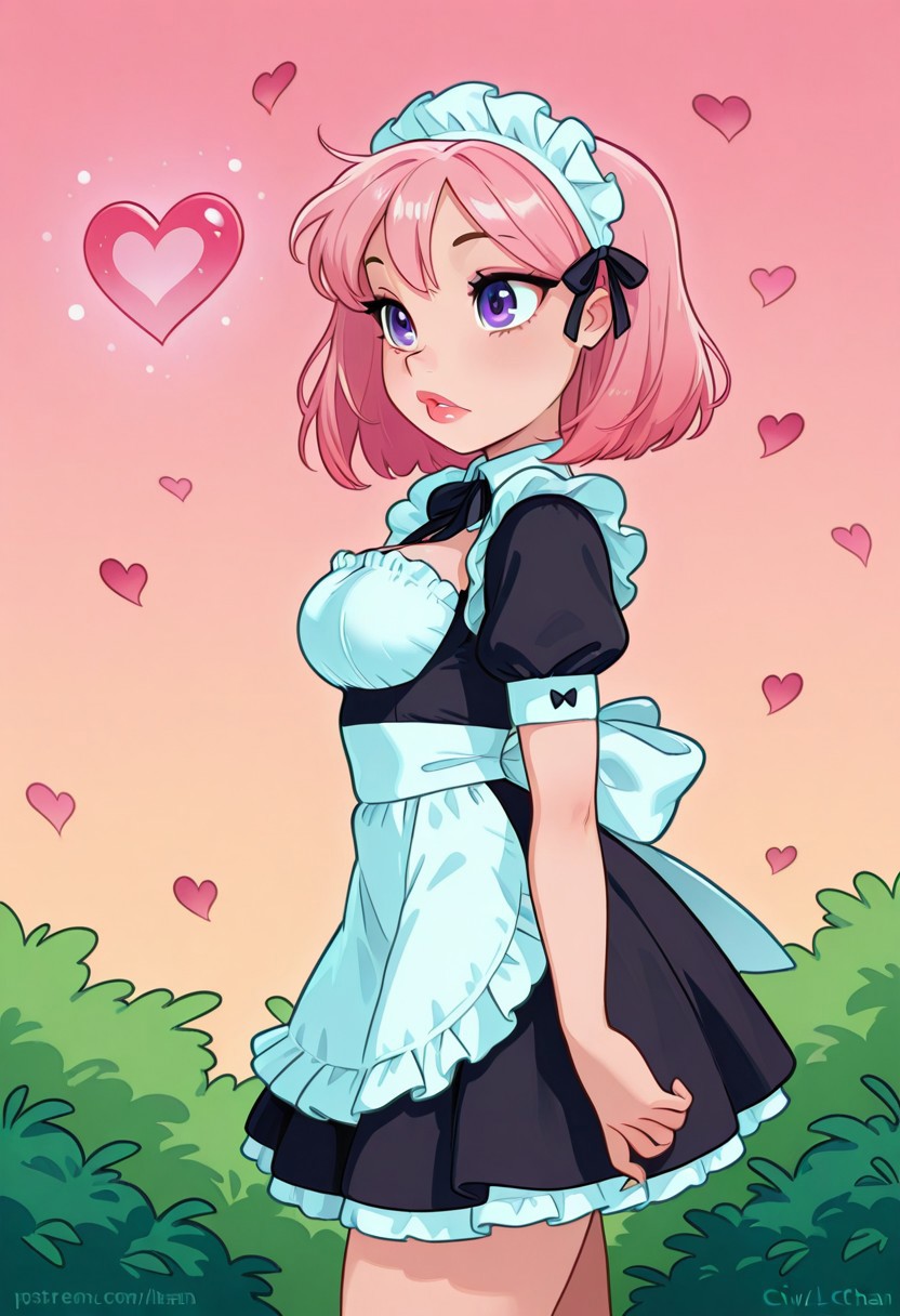 <lora:CivChan:1> side view, CivChan, purple eyes, pink hair, maid outfit, medium breasts, full lips, floating hearts, hearts, doing the homer Simpson walking backward meme, Large bush in background