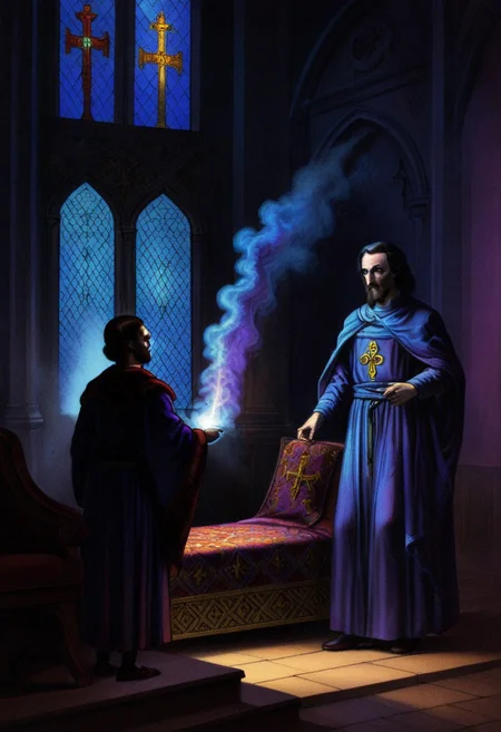 score_9, score_8_up, score_7_up, score_6_up, <lora:Surreal Harmony:1>, faceless priest in a cathedral, surrounded by electric blue smoke, glowing smoke, light from floor, surreal atmosphere:1.4, ethereal glow:1.2, dark and moody ambiance:1.3, intricate gothic architecture:1.5, shadowy arches:1.3, glowing blue and purple hues:1.4, smoke swirling around the priest’s silhouette:1.2, no facial features visible:1.2, dark robes with intricate glowing patterns:1.5, shimmering metallic accents on fabric:1.4, surreal lighting casting sharp, contrasting shadows:1.3, dynamic lighting from the floor creating radiant beams:1.4, church stained-glass windows filtering light:1.3, otherworldly and haunting vibe:1.2, chromecore-like sheen on the priest's robes:1.5, subtle glowing reflections:1.3, surreal abstraction blending with the sacred environment:1.4, cinematic composition:1.4, vivid contrasts between light and dark:1.3, fluid motion in the smoke:1.3, (depth of field:1.2), (soft, intense lighting:1.3), (vivid atmospheric glow:1.3), (dynamic and detailed contrasts:1.4), (cinematic lighting:1.4).