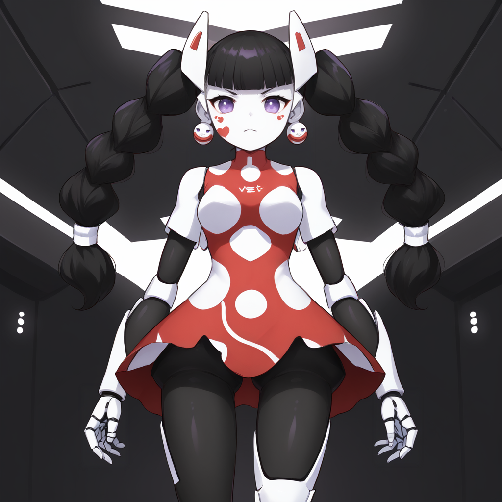 score_9, score_8_up, score_7_up, cowboy shot, 1girl, <lora:Yuika_PXL:1> yuika_mmbn, purple eyes, facial mark on right cheek, black hair, twintails, blunt bangs, robot ears, android, robot joints, mecha, black joints, red armor, armor plating, (armored legs:1.2), standing BREAK indoors, futuristic, hi-tech, neon lights, cyber space, alternate dimension